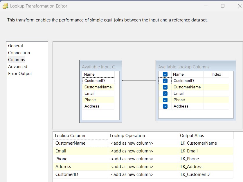 Lookup Transformation Editor